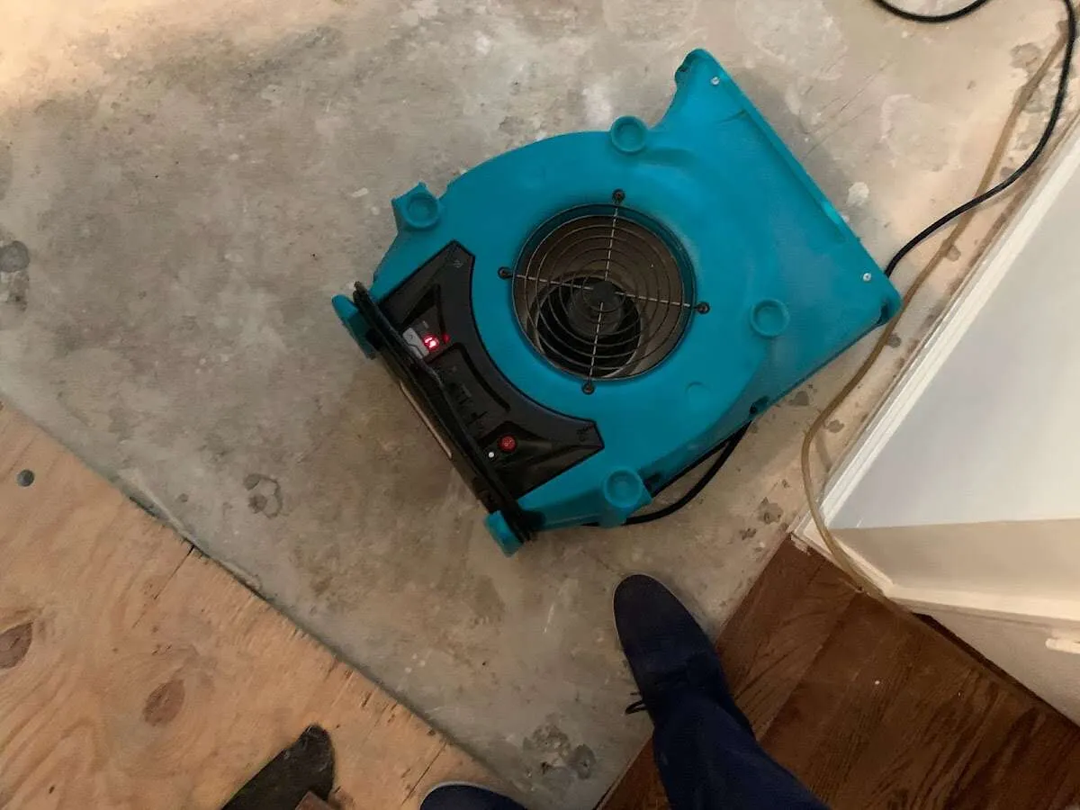 Air mover drying subfloor during Leak Detection & Repair in Leicester